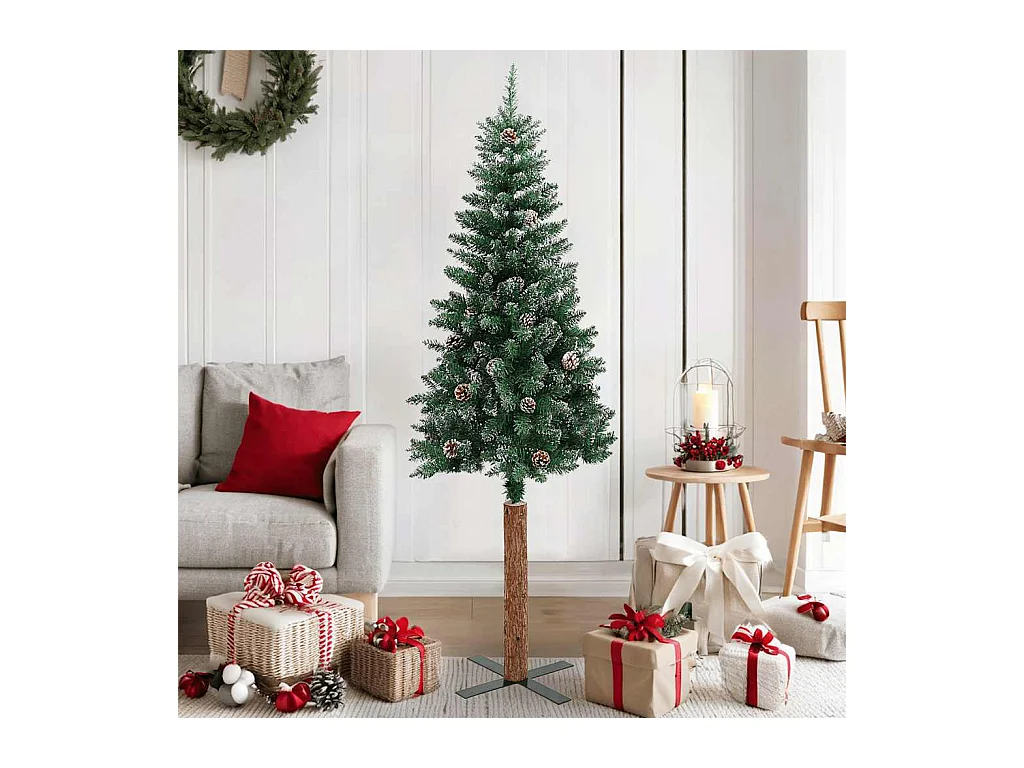 Kerstboom met echt hout en sneeuw smal 150 cm groen