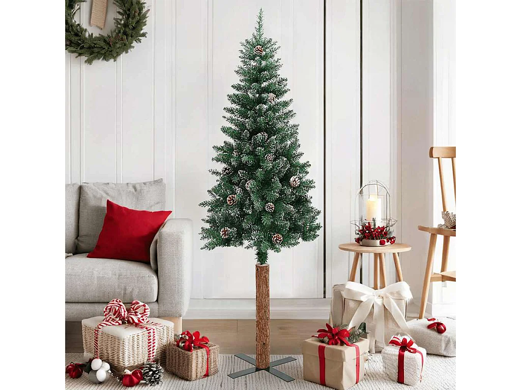 Kerstboom met echt hout en sneeuw smal 150 cm groen