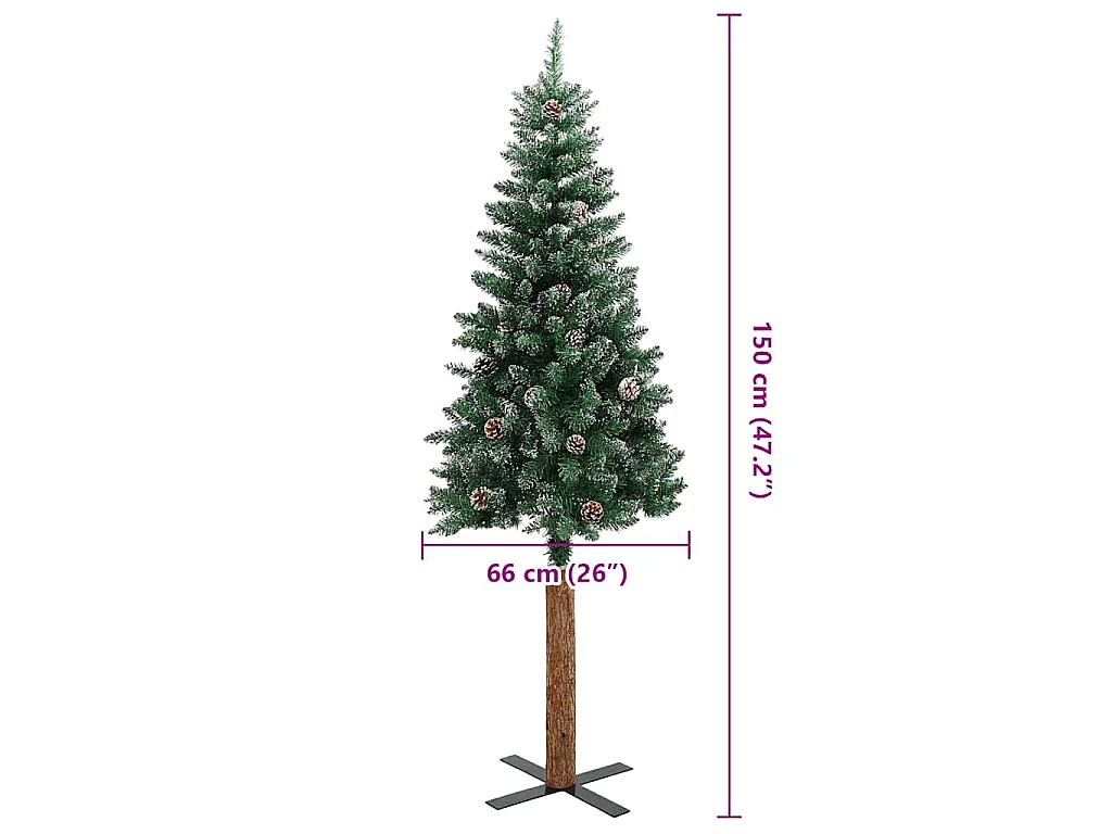 Kerstboom met echt hout en sneeuw smal 150 cm groen