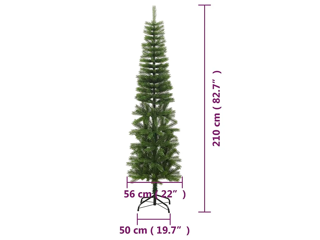 Árvore de Natal artificial fina com suporte PE 210 cm