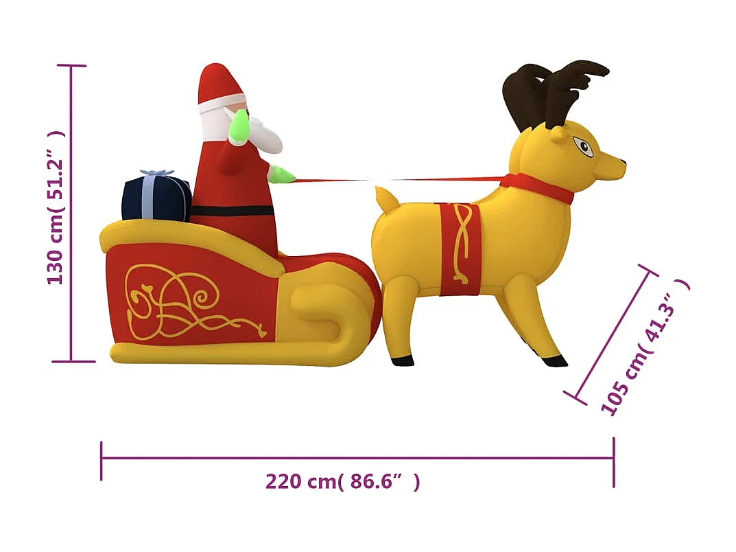 Pai Natal e renas insufláveis com luzes LED 130 cm