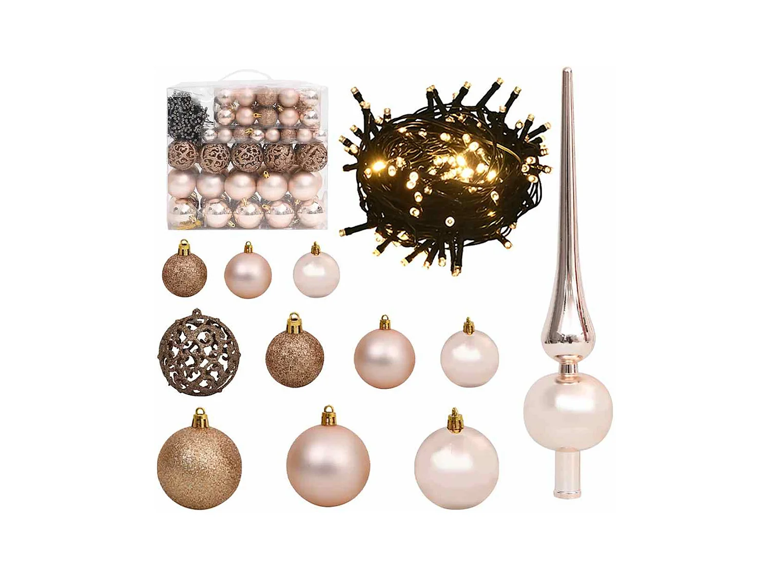 Set Natale con 120 Palline Punta e 300 Luci LED Oro Rosa
