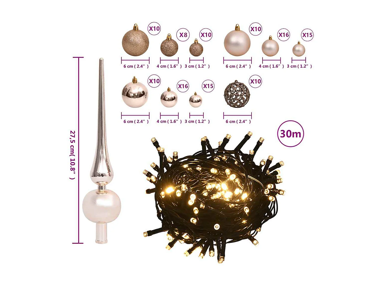 Set de boules de Noël avec pic et 300 LED 120pcs Doré rose