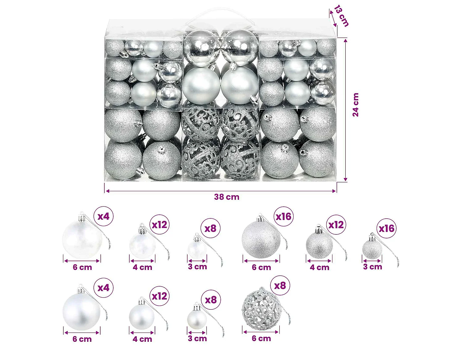 100-delige Kerstballenset 3/4/6 cm zilverkleurig