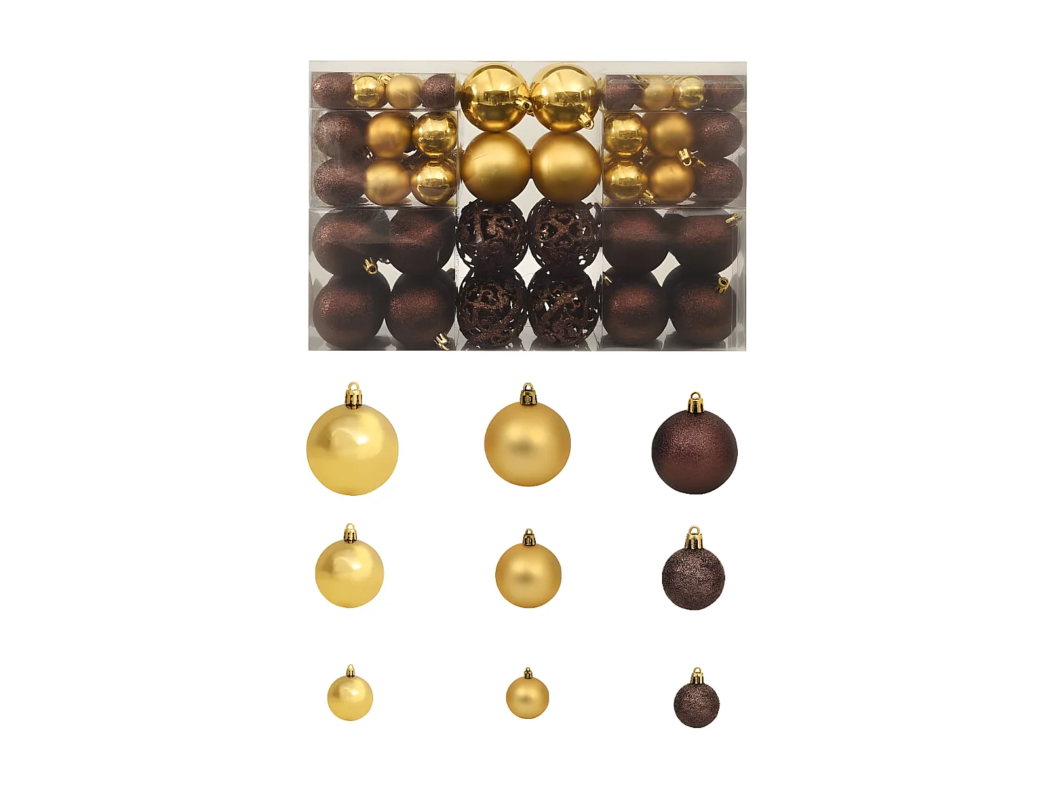 Conjunto bolas de natal 100 pcs 3/4/6cm castanho/bronze/dourado