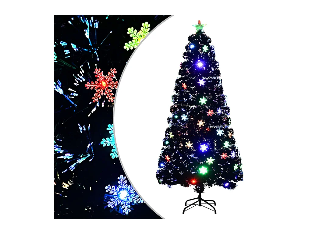 Kerstboom met LED-sneeuwvlokken 150 cm glasvezel zwart