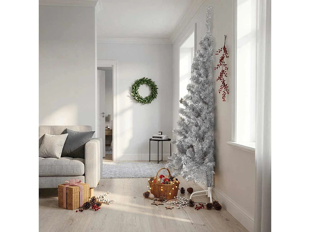 Demi sapin de Noël artificiel avec support argenté 240 cm PET
