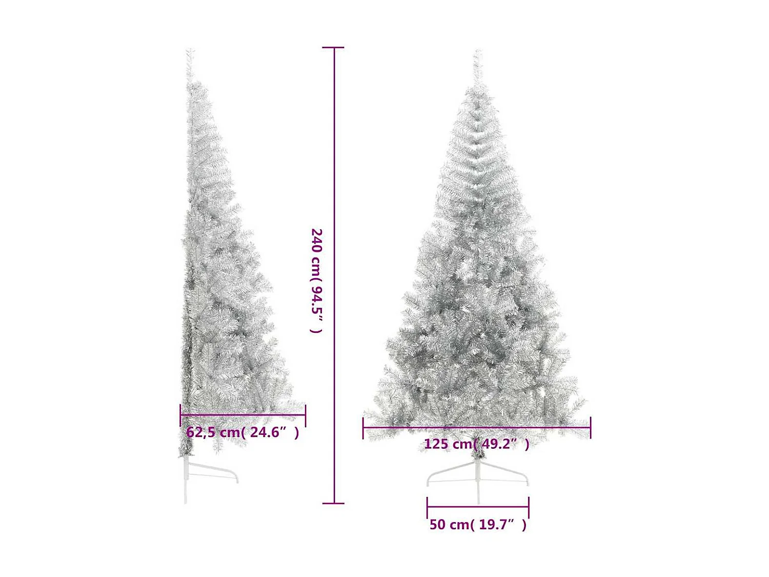Demi sapin de Noël artificiel avec support argenté 240 cm PET