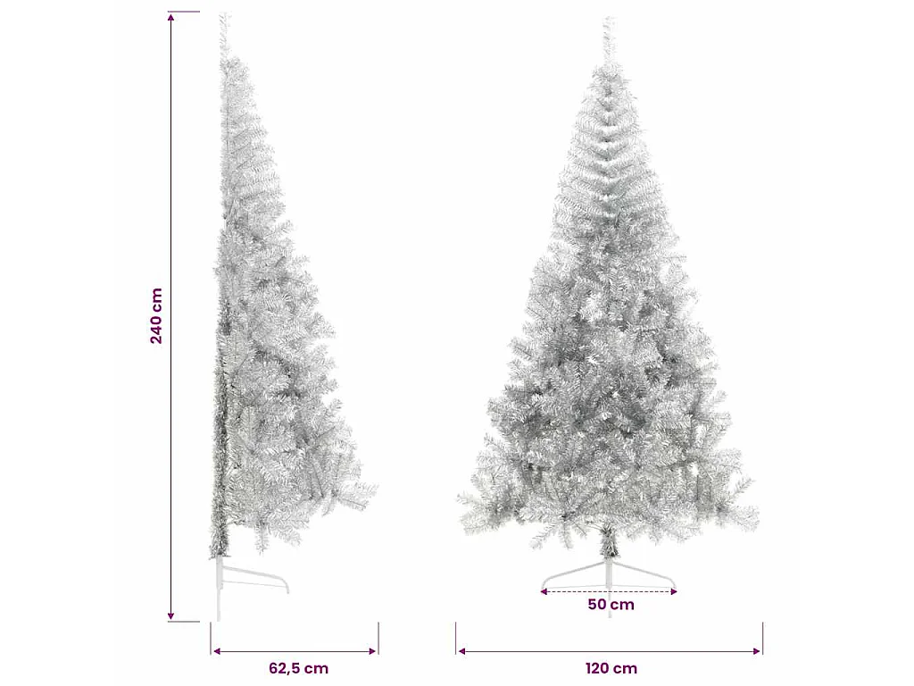 Meia árvore de Natal artificial com suporte 240 cm PET prateado