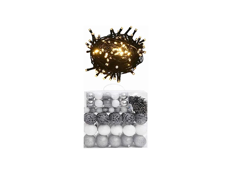 Set de boules de Noël avec pic et 300 LED 120pcs Blanc et gris
