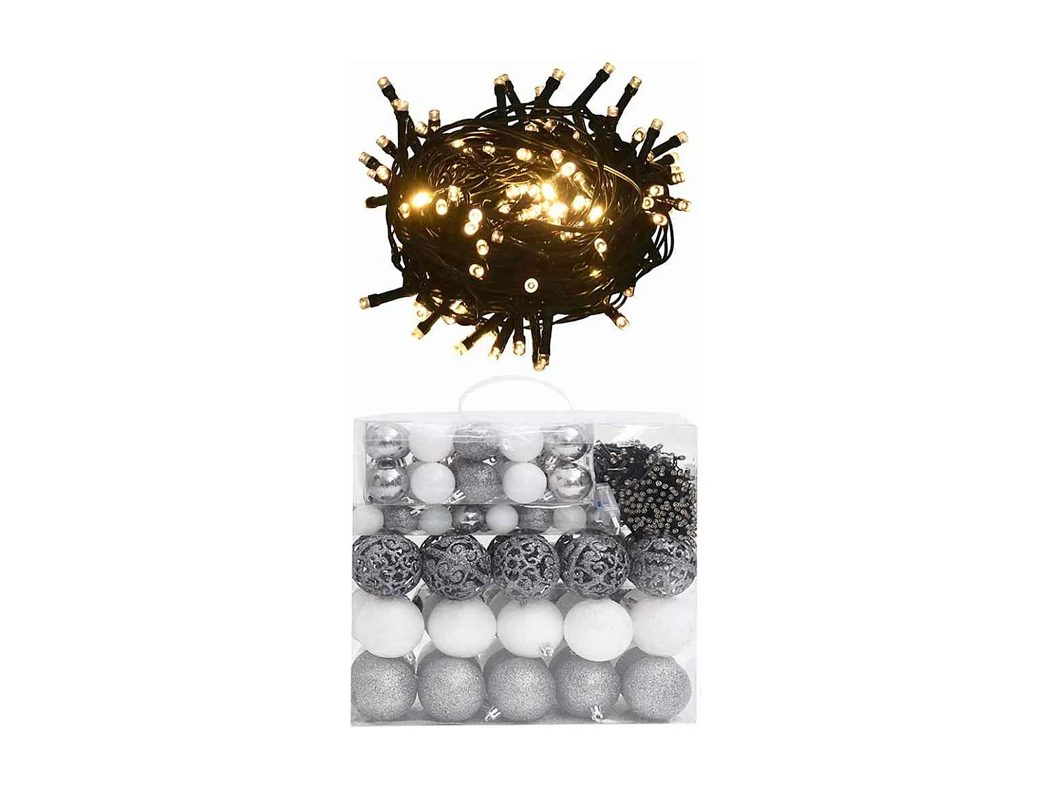 Set de boules de Noël avec pic et 300 LED 120pcs Blanc et gris