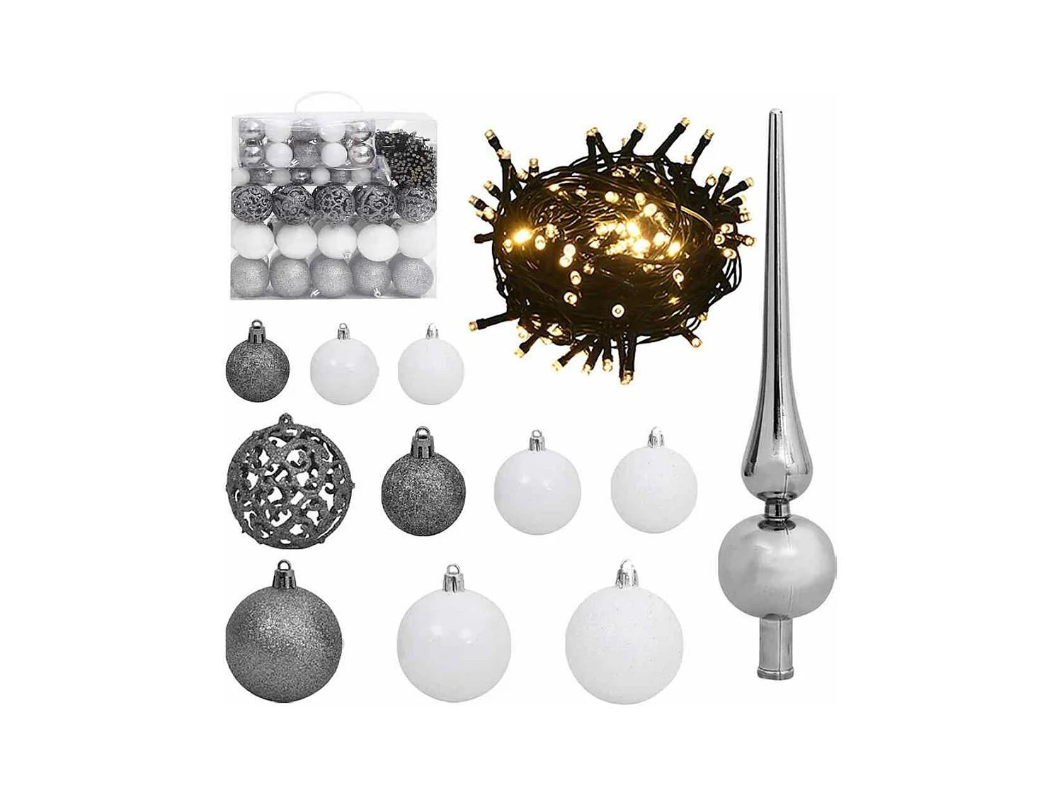 Set de boules de Noël avec pic et 300 LED 120pcs Blanc et gris