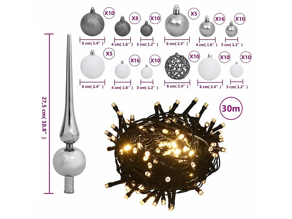Conj. de bolas de natal 120 pcs + pico e 300 LEDs branco/cinza