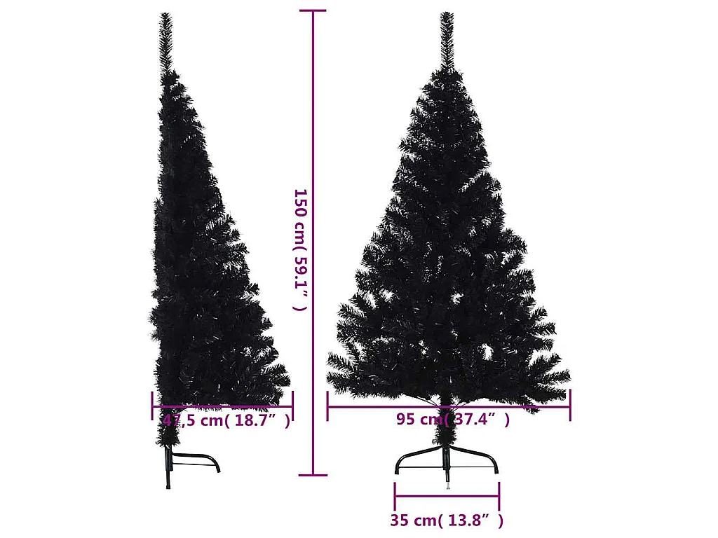 Demi sapin de Noël artificiel avec support Noir 150 cm PVC