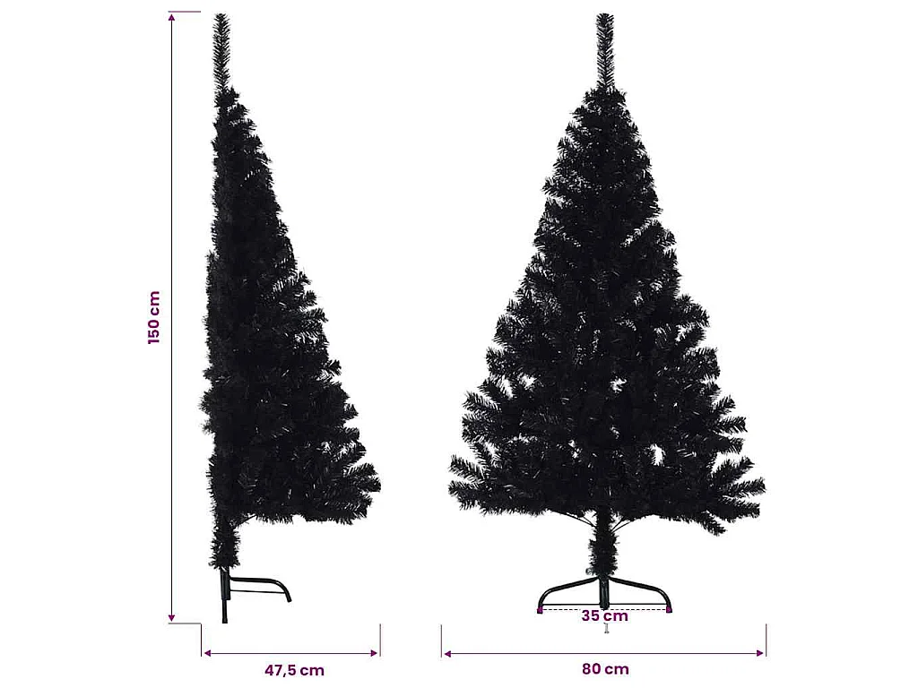 Demi sapin de Noël artificiel avec support Noir 150 cm PVC