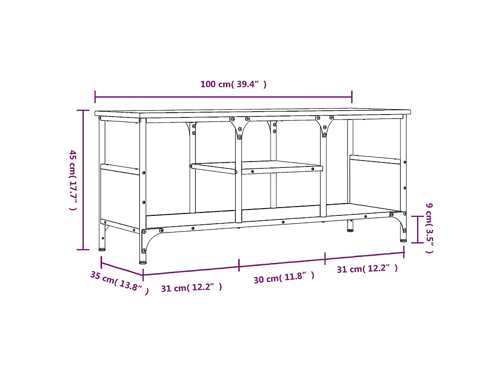 Meuble TV chêne sonoma 100x35x45 cm bois d'ingénierie et fer