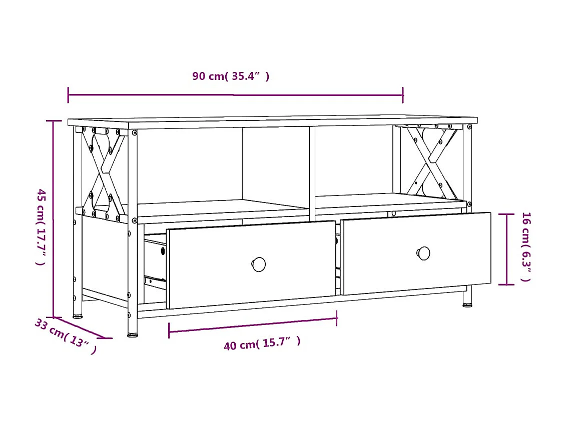 Meuble TV chêne sonoma 90x33x45 cm bois d'ingénierie et fer