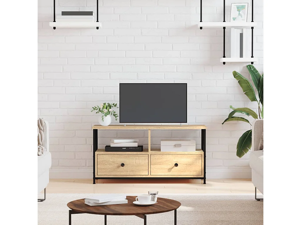 Meuble TV chêne sonoma 90x33x45 cm bois d'ingénierie et fer