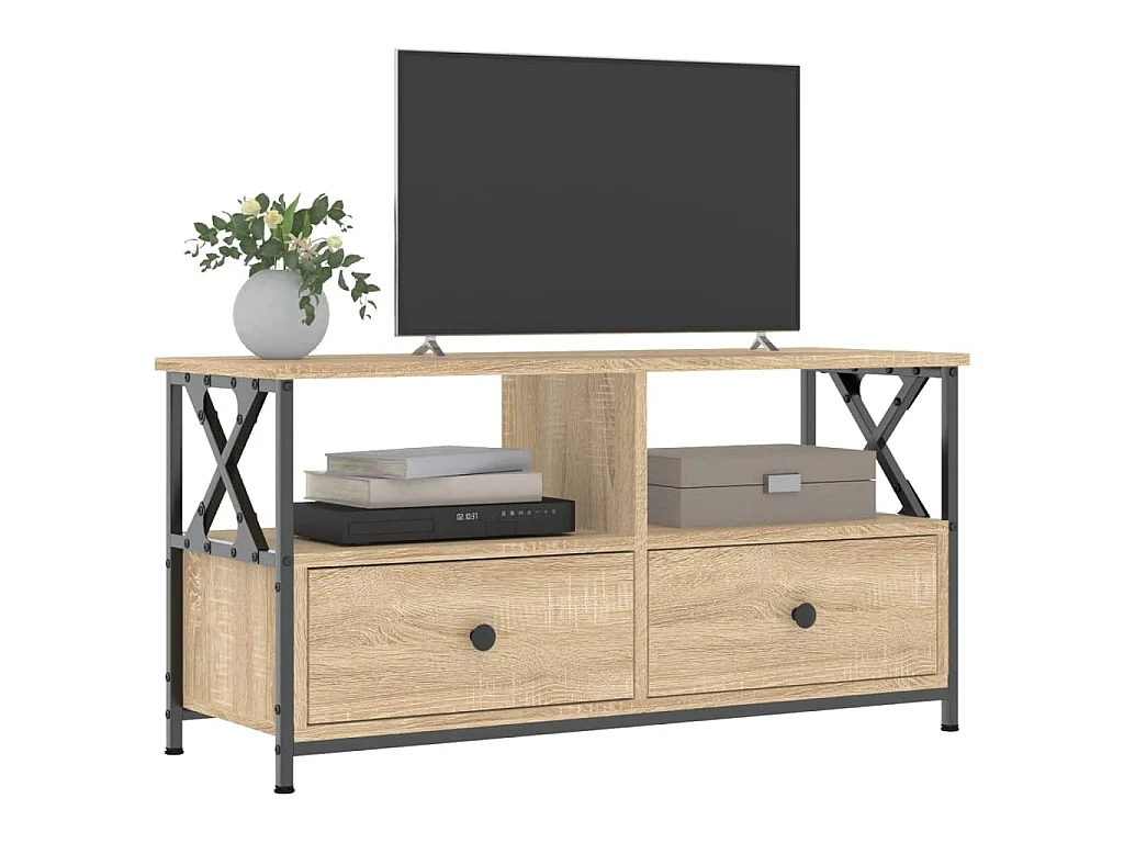 Meuble TV chêne sonoma 90x33x45 cm bois d'ingénierie et fer