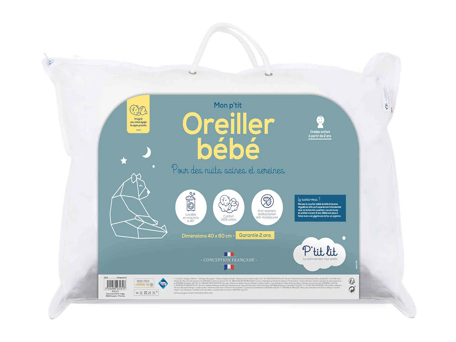 Oreiller moelleux bébé anti-acariens 40x60 cm