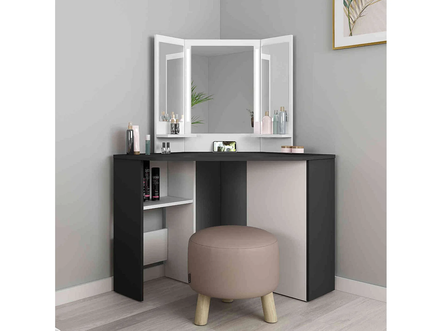 Coiffeuse enfant avec miroirs en bois gris anthracite et blanc - CF9023