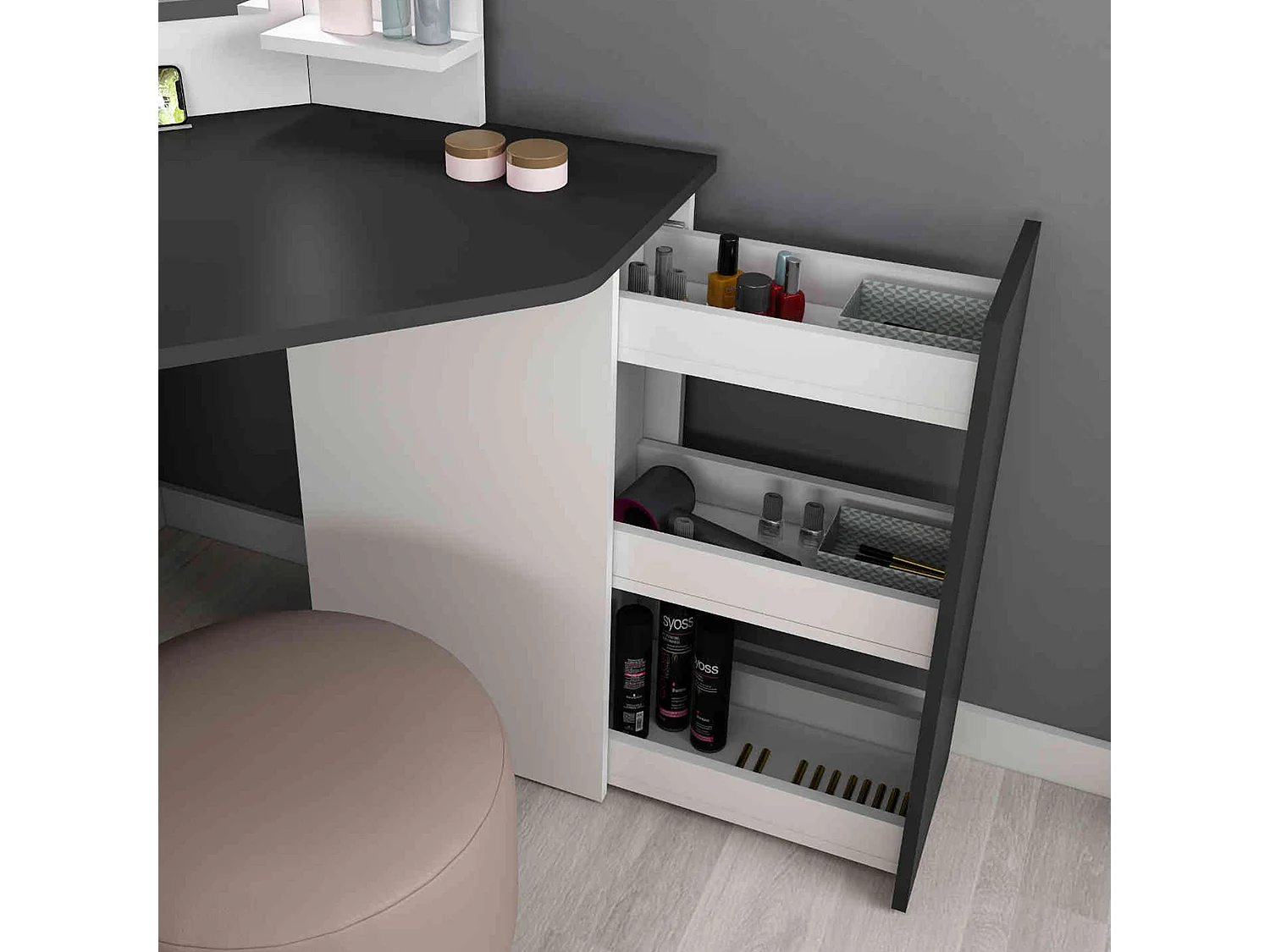 Coiffeuse enfant avec miroirs en bois gris anthracite et blanc - CF9023