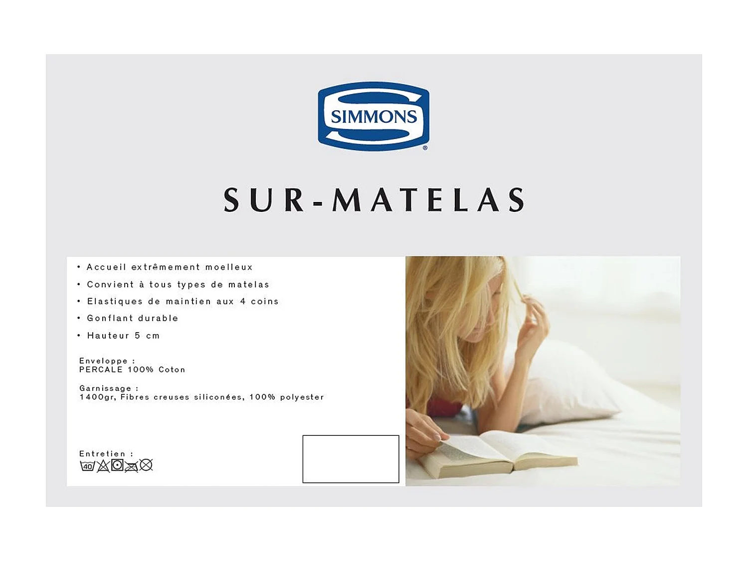 Surmatelas moelleux 160x200 Simmons Quiétude