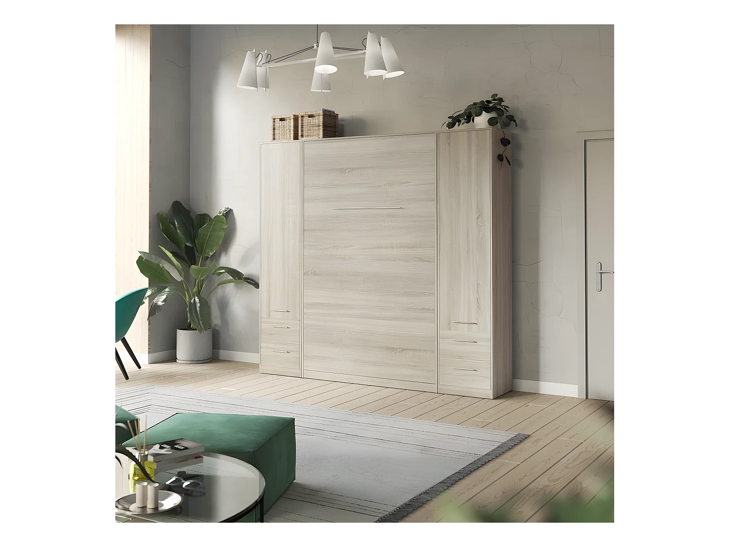 Lit escamotable +2 Placards Vertical 120x200+(50x2)cm Lit Rabattable Lit Mural Standard Chêne Sonoma /Chêne Sonoma
