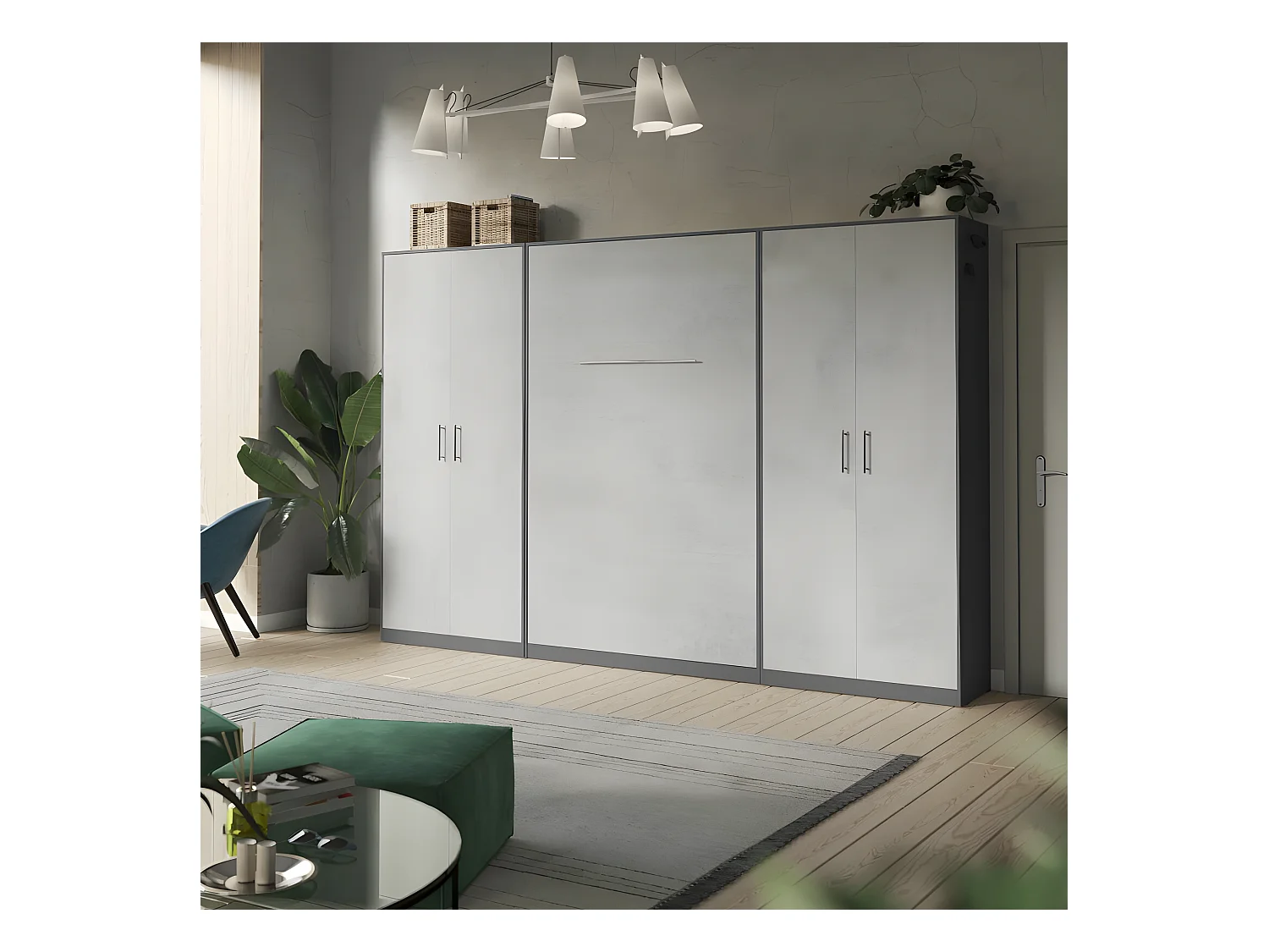 Lit escamotable +2 Placards Vertical 140x200+(100x2)cm Lit Rabattable Lit Mural Standard Anthracite/Béton