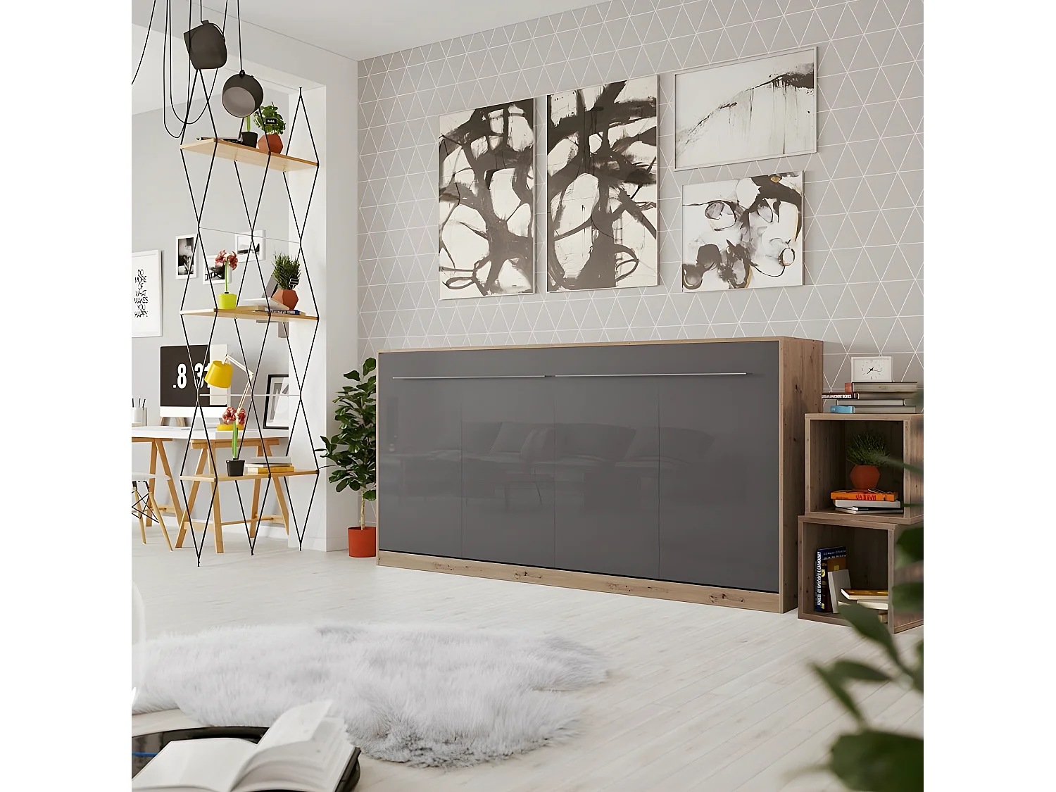 Armoire Lit escamotable 90x200cm Supérieur Horizontal Lit Rabattable Lit Mural Chêne Sauvage/Anthracite brillant