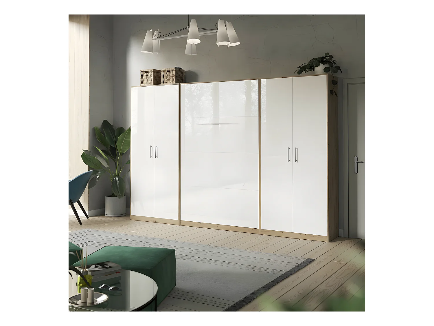 Lit escamotable +2 Placards Vertical 90x200+(100x2)cm Lit Rabattable Lit Mural Standard Chêne Sauvage/blanc brillant