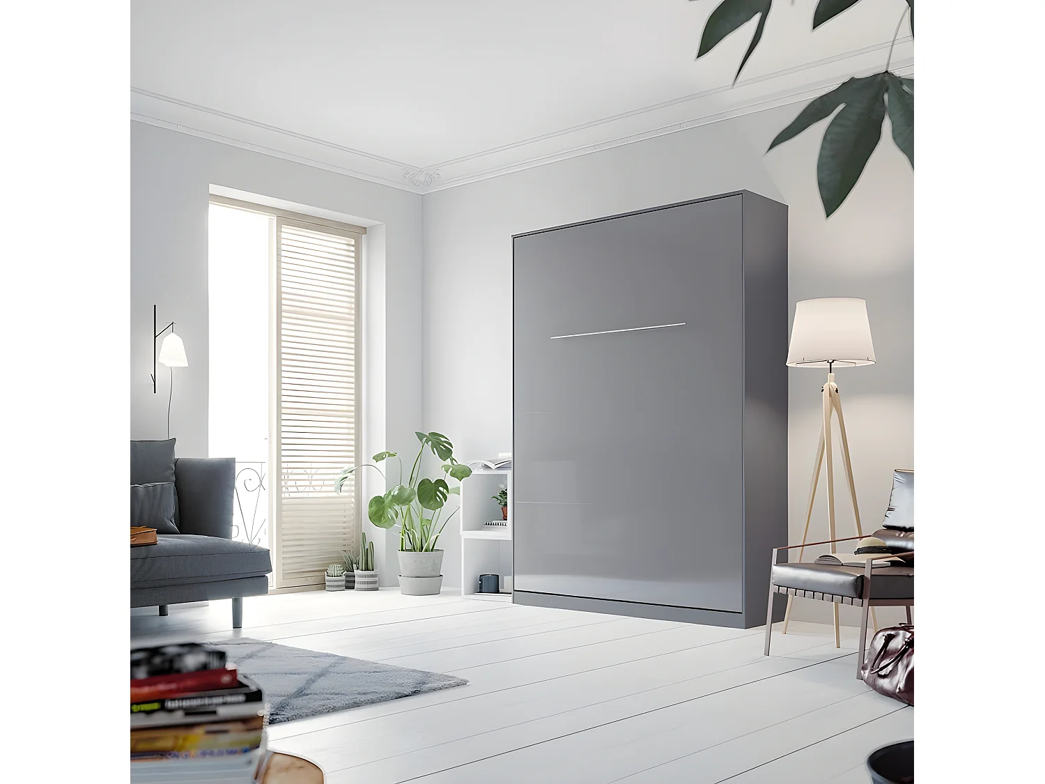 Armoire Lit escamotable 140x200cm Lit Rabattable Lit Mural Supérieur Vertical Anthracite/Anthracite brillant