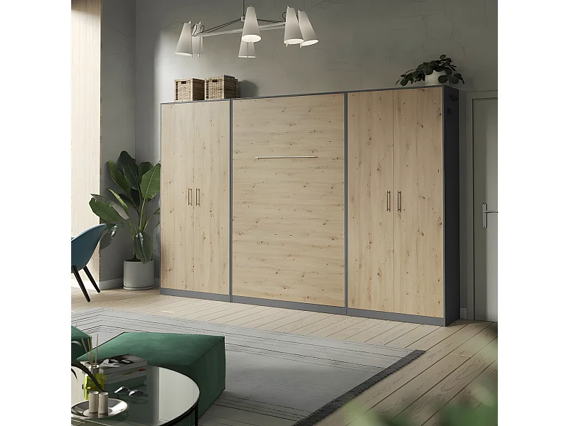 Lit escamotable +2 Placards Vertical 120x200+(80x2)cm Lit Rabattable Lit Mural Standard Anthracite/Chêne sauvage