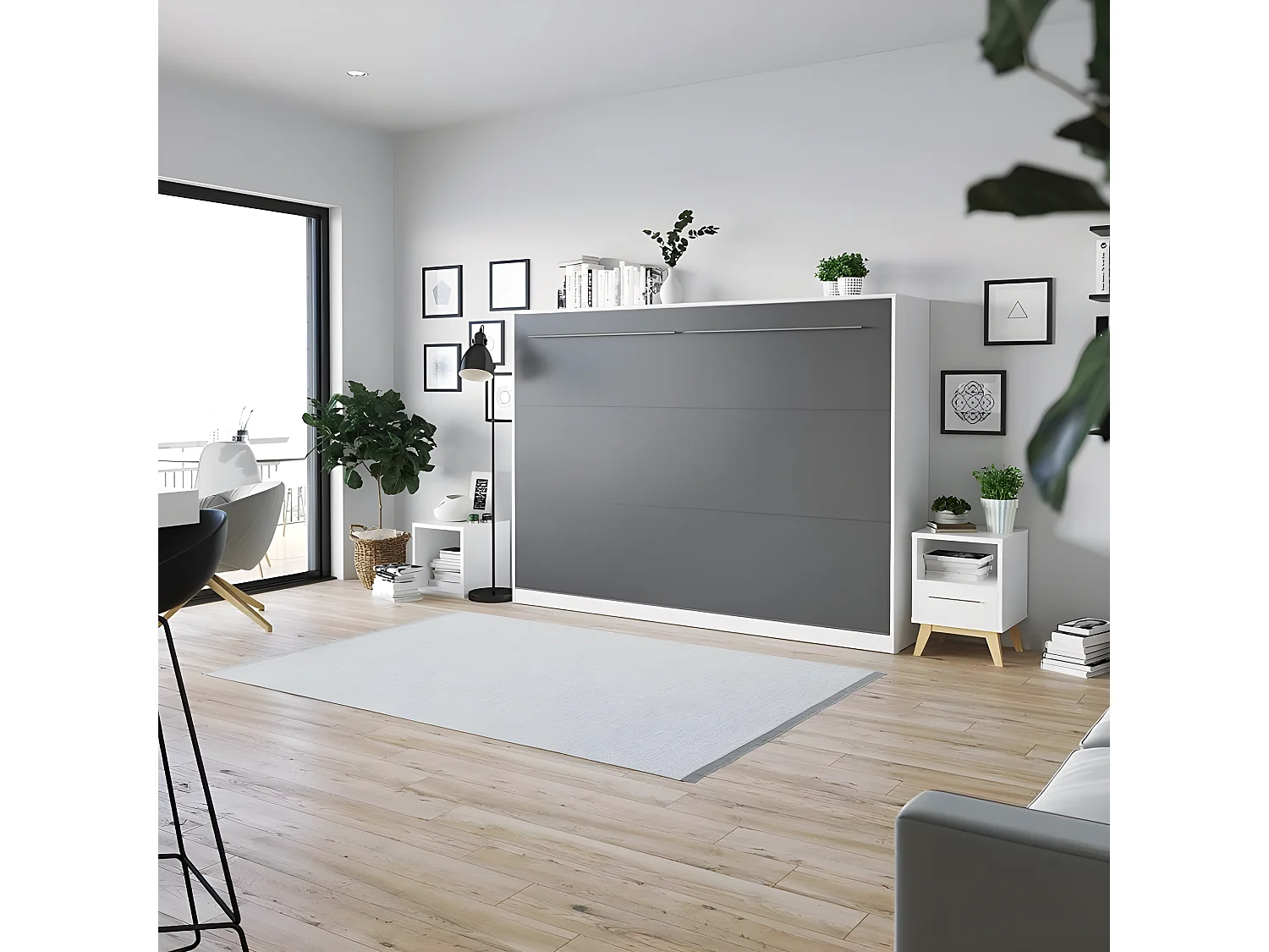 Armoire Lit escamotable 140x200cm Supérieur Horizontal Lit Rabattable Lit Mural Blanc/Anthracite