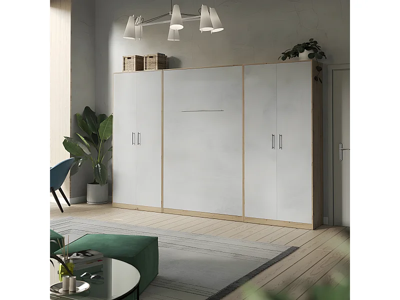 Lit escamotable +2 Placards Vertical 90x200+(100x2)cm Lit Rabattable Lit Mural Standard Chêne Sauvage/Béton