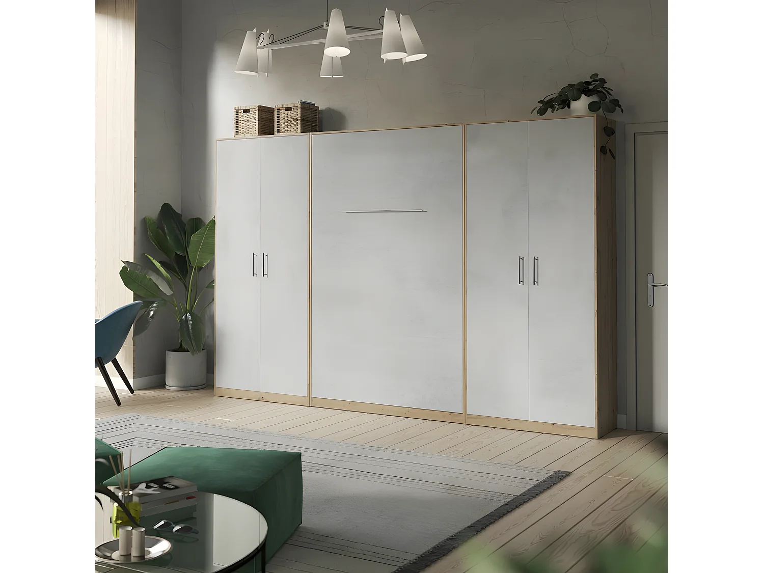 Lit escamotable +2 Placards Vertical 90x200+(100x2)cm Lit Rabattable Lit Mural Standard Chêne Sauvage/Béton