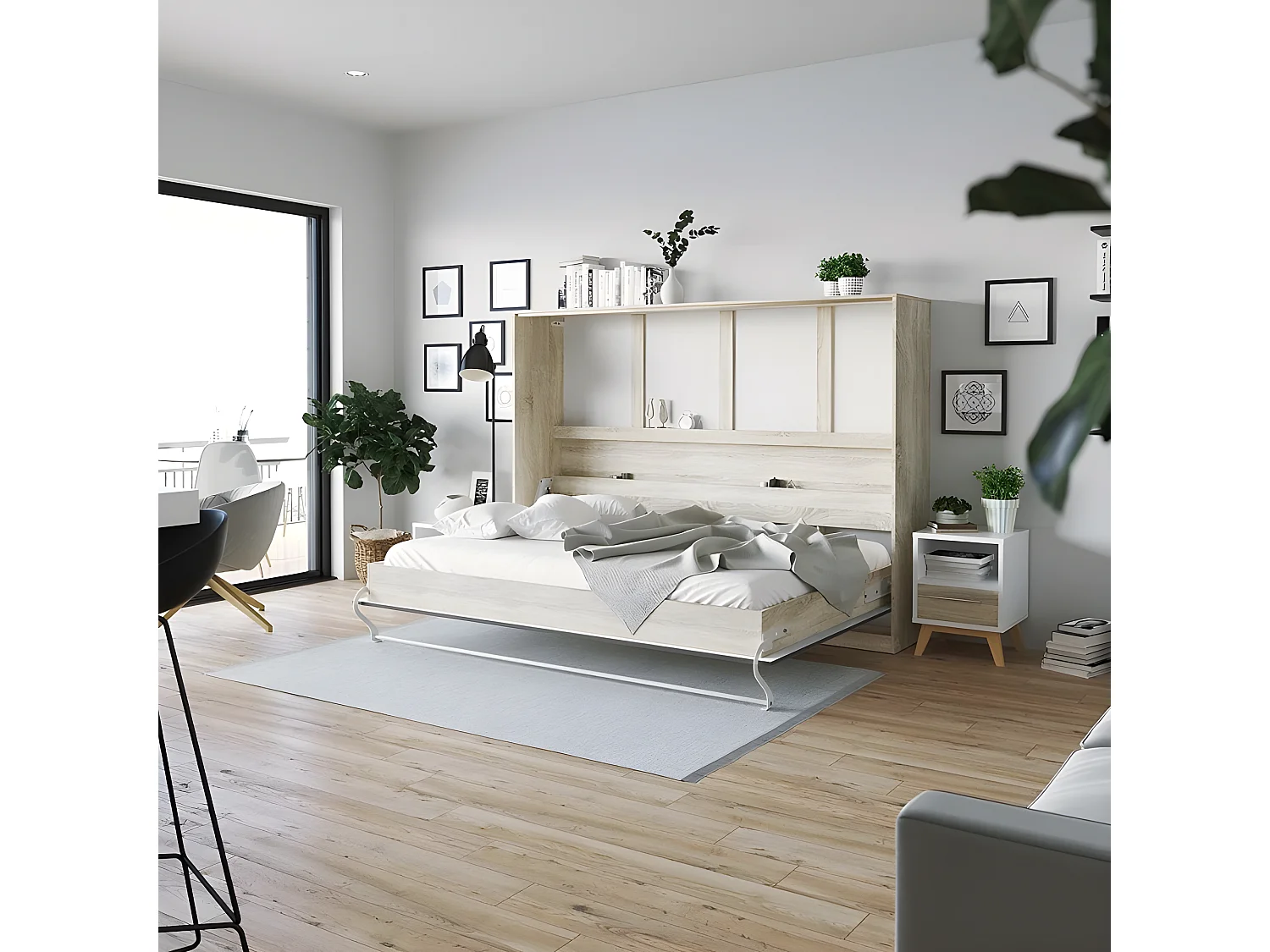 Armoire Lit escamotable 140x200cm Supérieur Horizontal Lit Rabattable Lit Mural Chêne Sonoma/Anthracite brillant