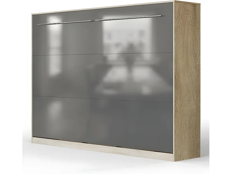Armoire Lit escamotable 140x200cm Supérieur Horizontal Lit Rabattable Lit Mural Chêne Sonoma/Anthracite brillant