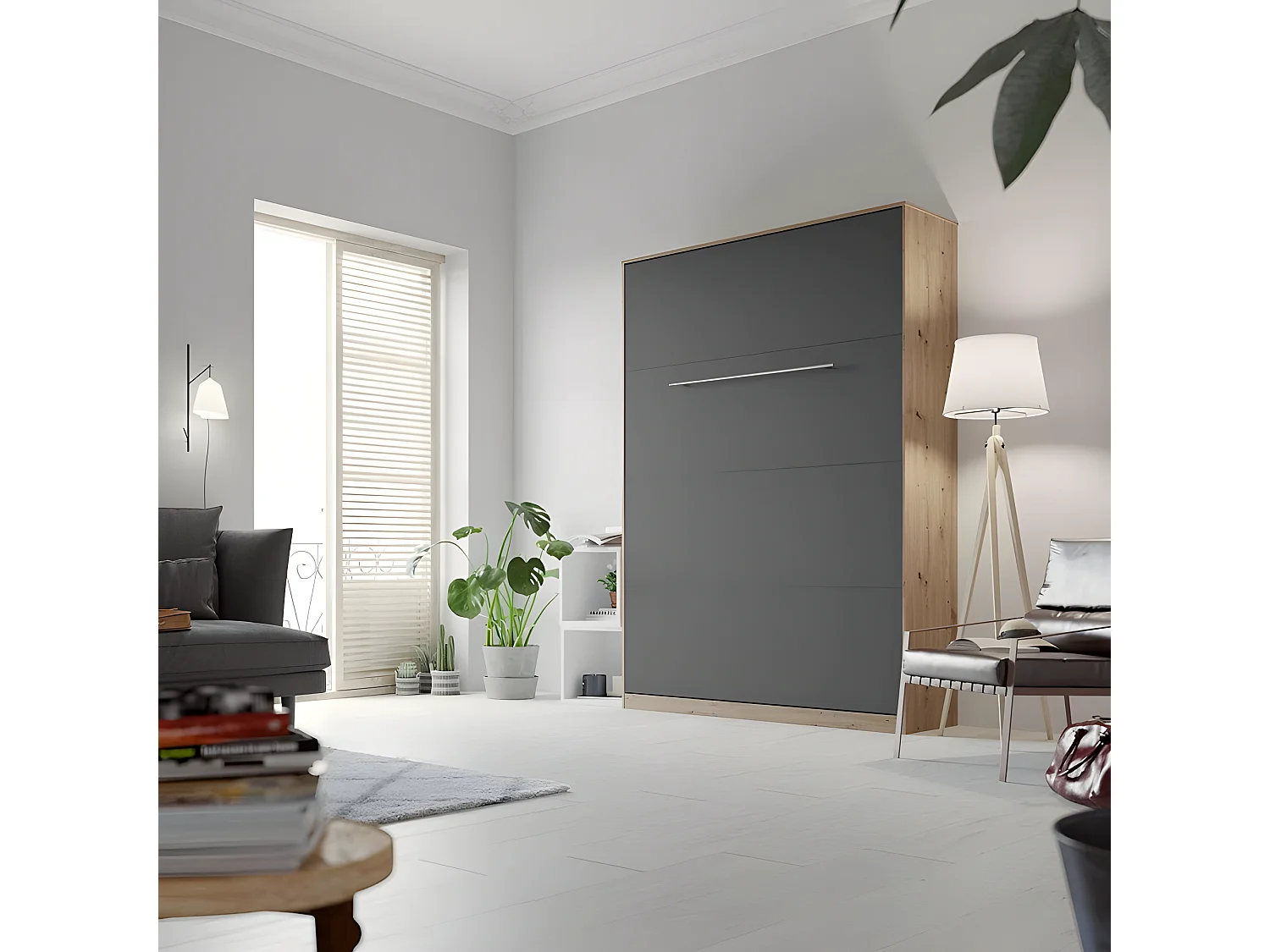 Armoire Lit escamotable 140x200cm Lit Rabattable Lit Mural Supérieur Vertical Chêne Sauvage/Anthracite