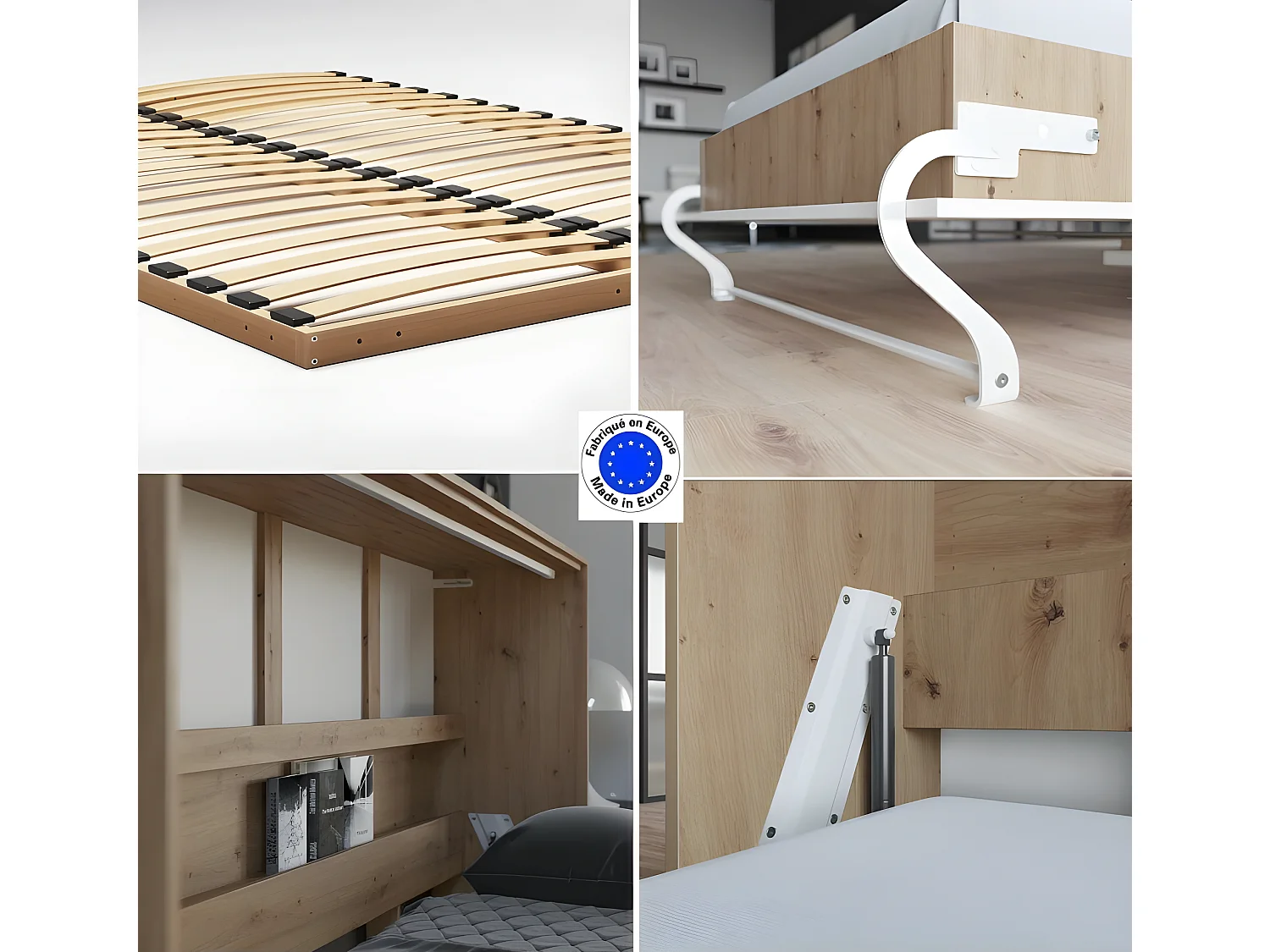 Armoire Lit escamotable 120x200cm Supérieur Horizontal Lit Rabattable Lit Mural Chêne Sauvage/blanc brillant