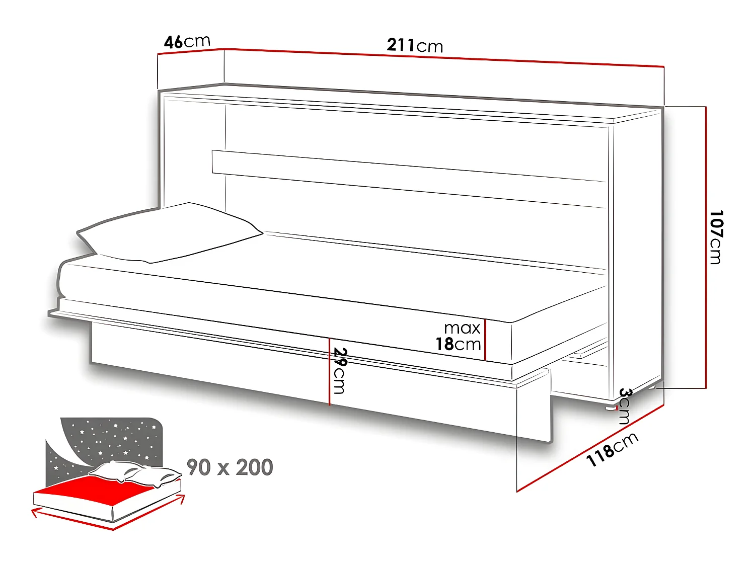Lenart Armoire Lit escamotable Horizontal 90x200 cm Chêne artisan Lit Rabattable Lit Mural"Consus"