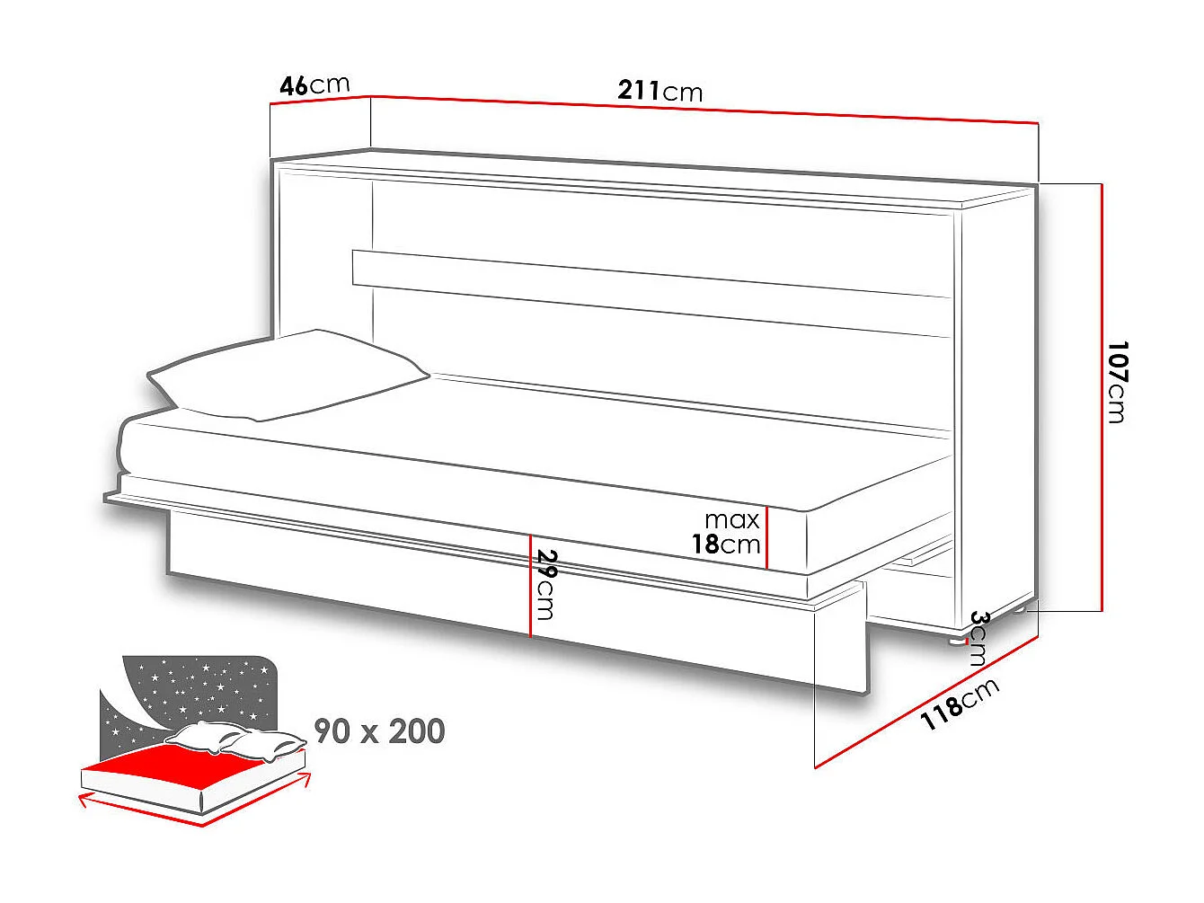Lenart Armoire Lit escamotable Horizontal 90x200 cm Chêne artisan Lit Rabattable Lit Mural"Consus"