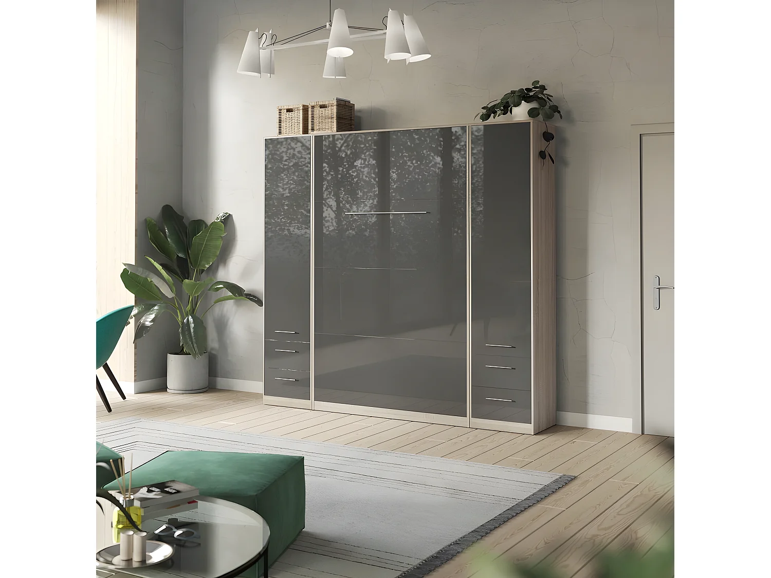 Lit escamotable +2 Placards Vertical 90x200+(50x2)cm Lit Rabattable Lit Mural Standard Chêne Sonoma/Anthracite brillant