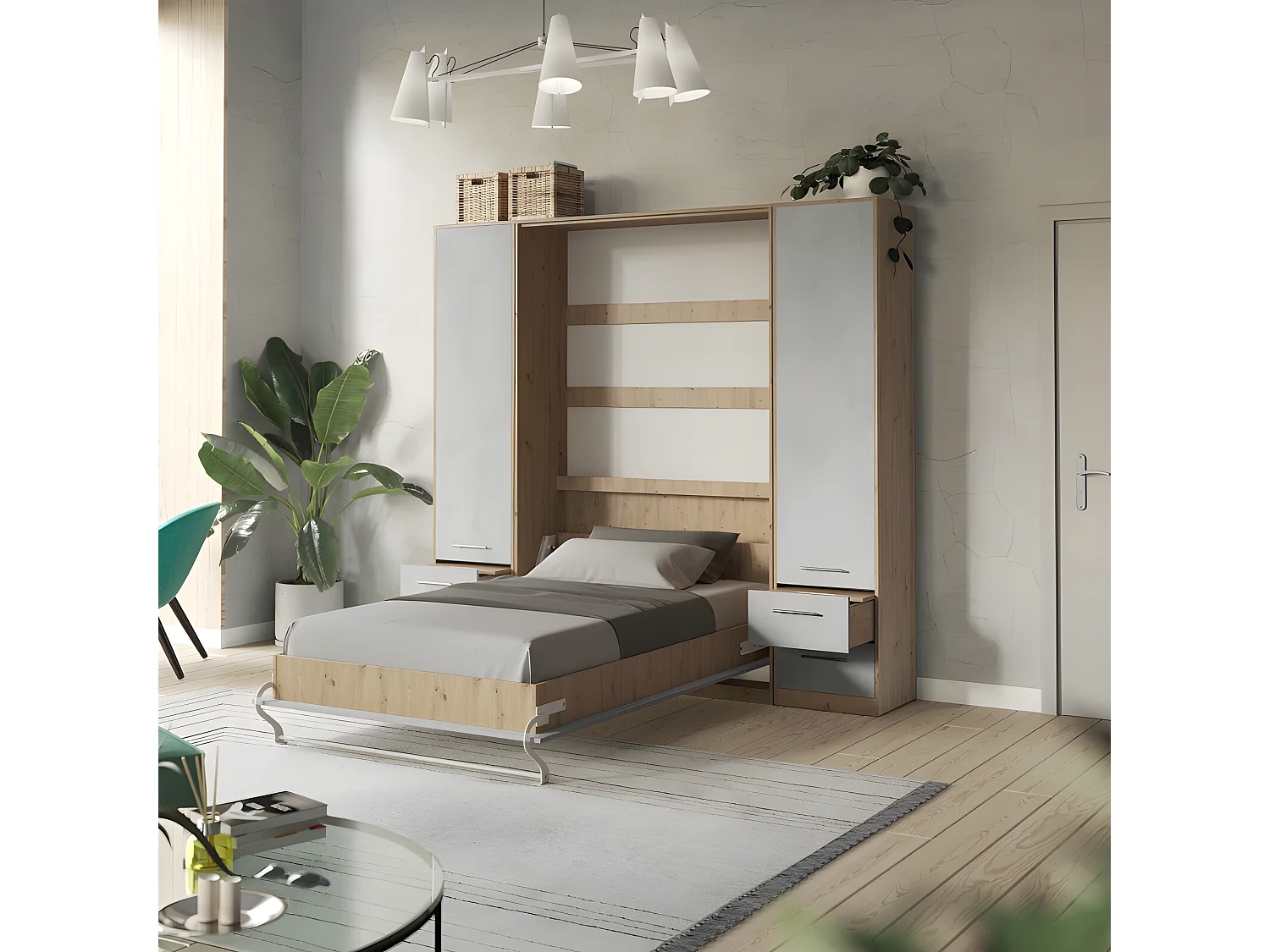 Lit escamotable +2 Placards Vertical 90x200+(50x2)cm Lit Rabattable Lit Mural Standard Chêne Sauvage/Béton