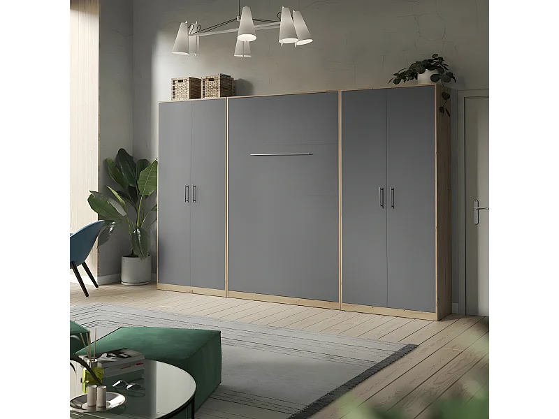 Lit escamotable +2 Placards Vertical 90x200+(100x2)cm Lit Rabattable Lit Mural Standard Chêne Sauvage/Anthracite