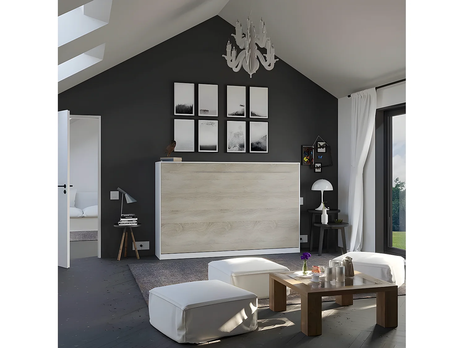 Armoire Lit escamotable 120x200cm Supérieur Horizontal Lit Rabattable Lit Mural Blanc /Chêne Sonoma