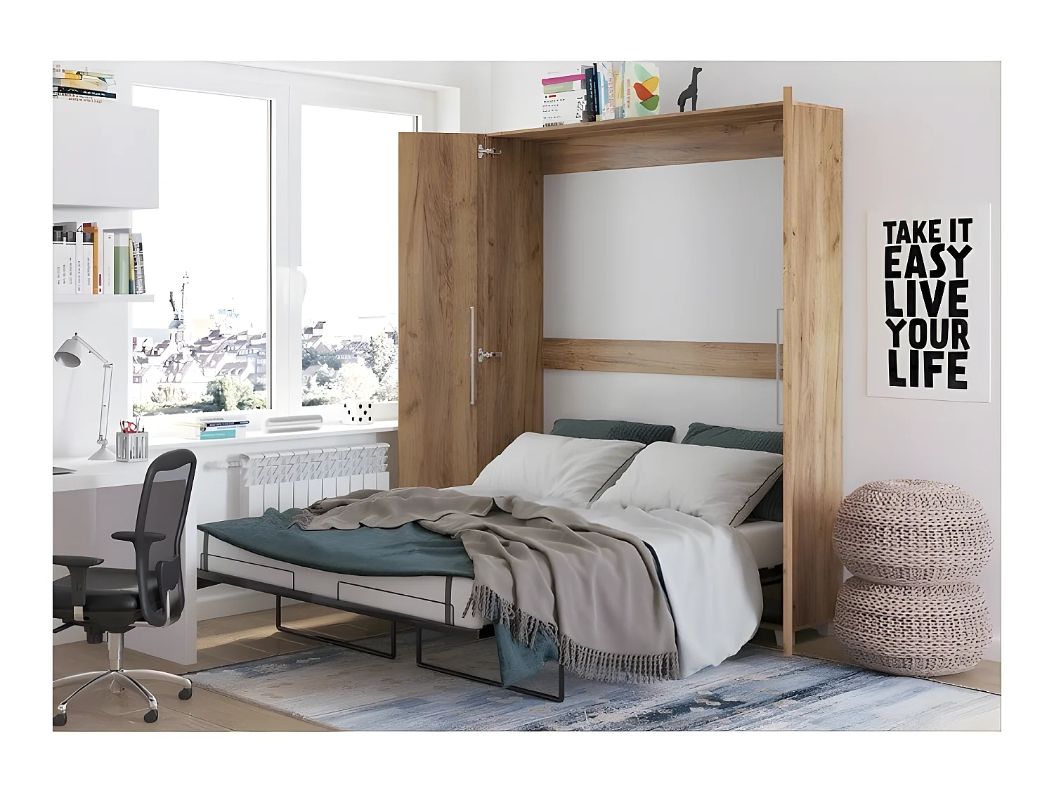 Armoire Lit escamotable Vertical 160x200 cm Or Artisan avec porte Lit Rabattable Lit Mural Todor