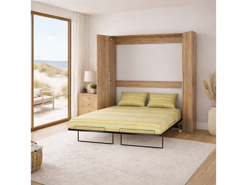 Armoire Lit escamotable Vertical 160x200 cm Or Artisan avec porte Lit Rabattable Lit Mural Todor