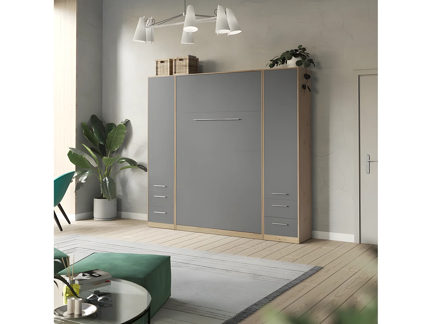 Lit escamotable +2 Placards Vertical 90x200+(50x2)cm Lit Rabattable Lit Mural Standard Chêne Sauvage/Anthracite