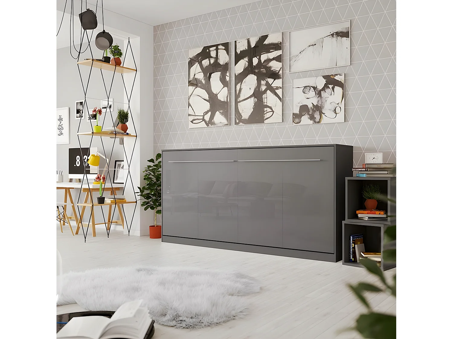 Armoire Lit escamotable 90x200cm Supérieur Horizontal Lit Rabattable Lit Mural Anthracite/Anthracite brillant